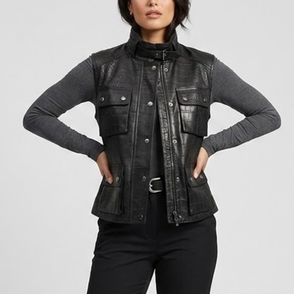 Ralph Lauren Black Label 100% Lamb Leather Vest Black Croc Embossed Size 8